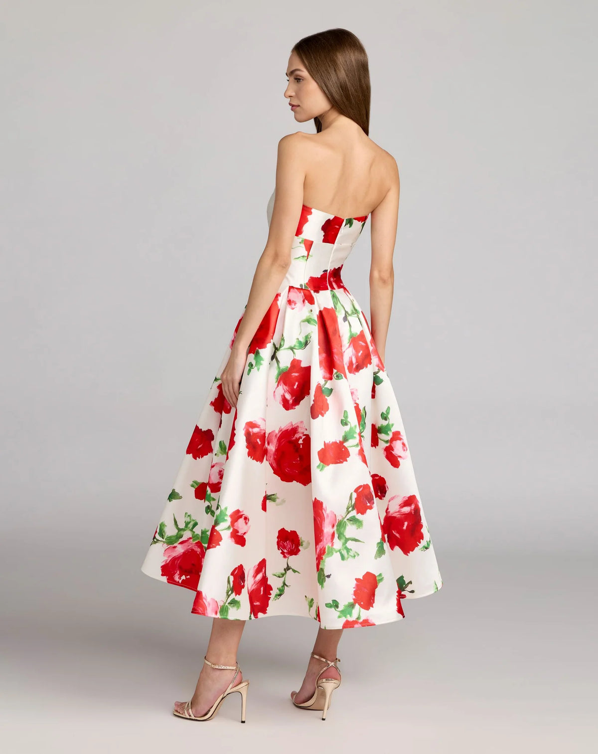 Mac Duggal White Strapless Floral Printed A Line Midi Dress #21238 Rose Multi