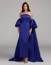 Mac Duggal 21239 Cobalt strapless puff sleeve satin gown with cape - front