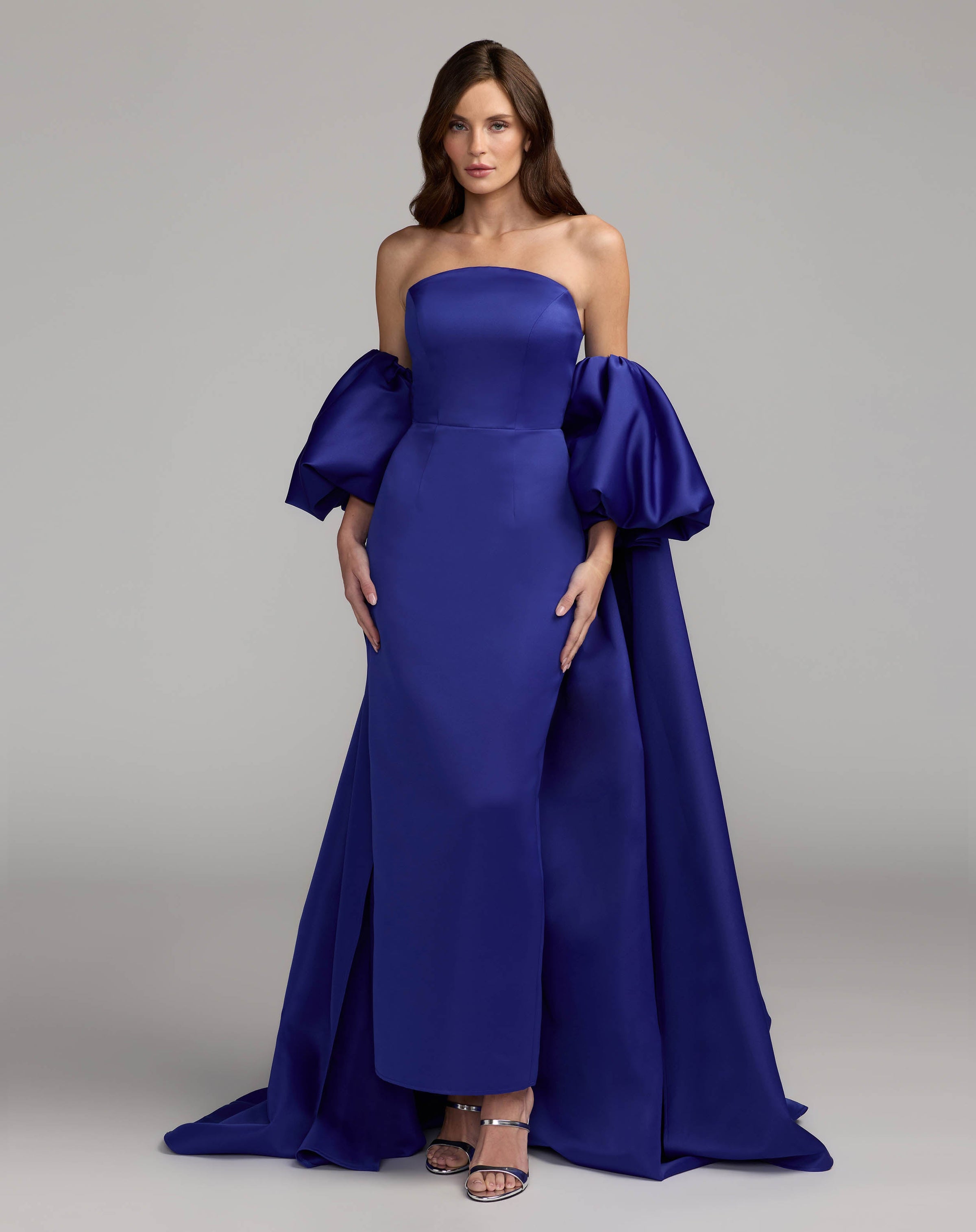 Mac Duggal 21239 Cobalt strapless puff sleeve satin gown with cape - front