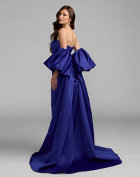 Mac Duggal 21239 Cobalt strapless puff sleeve satin gown with cape - back
