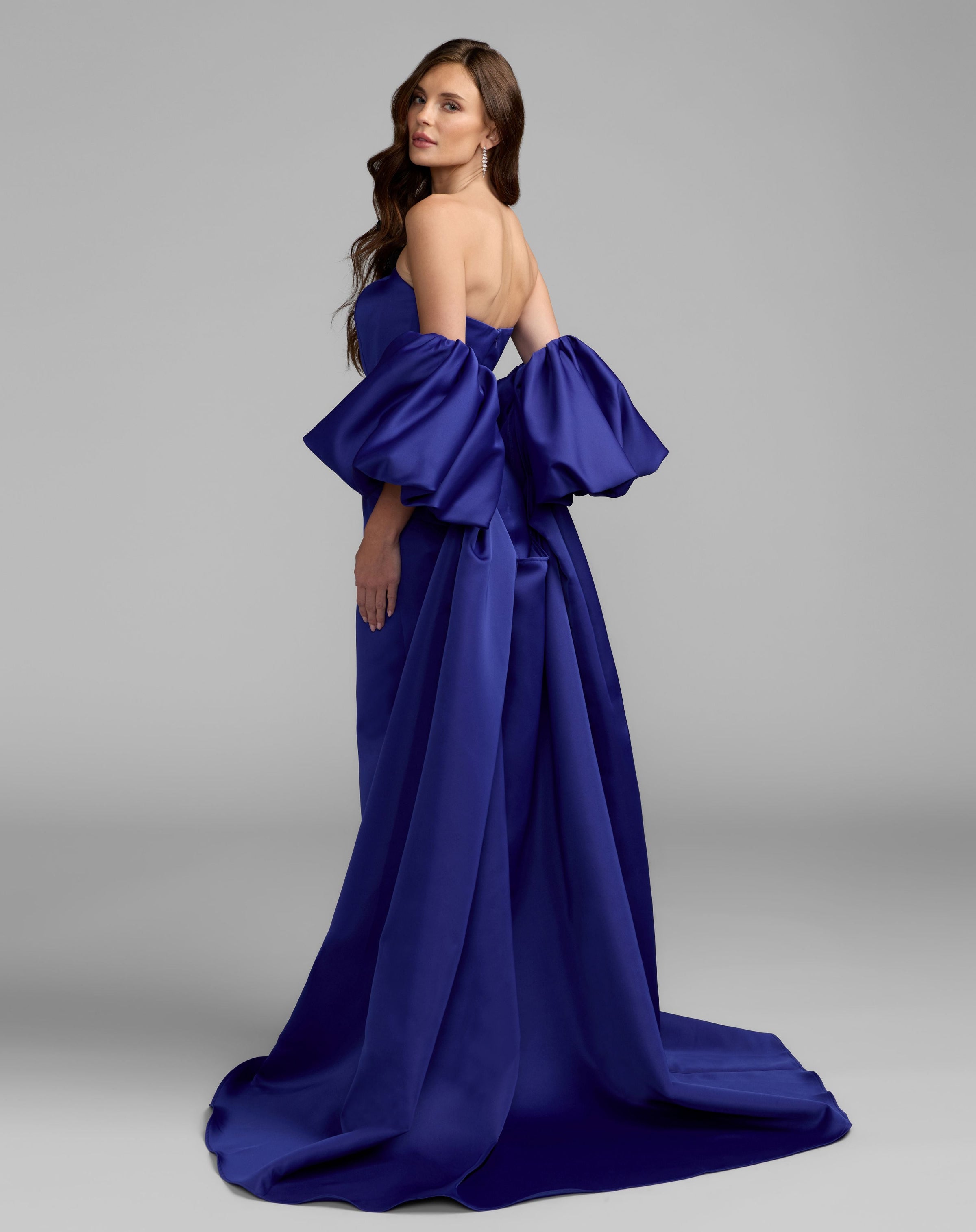 Mac Duggal 21239 Cobalt strapless puff sleeve satin gown with cape - back
