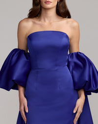 Mac Duggal 21239 Cobalt strapless puff sleeve satin gown with cape - detail