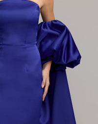 Mac Duggal 21239 Cobalt strapless puff sleeve satin gown with cape - close-up