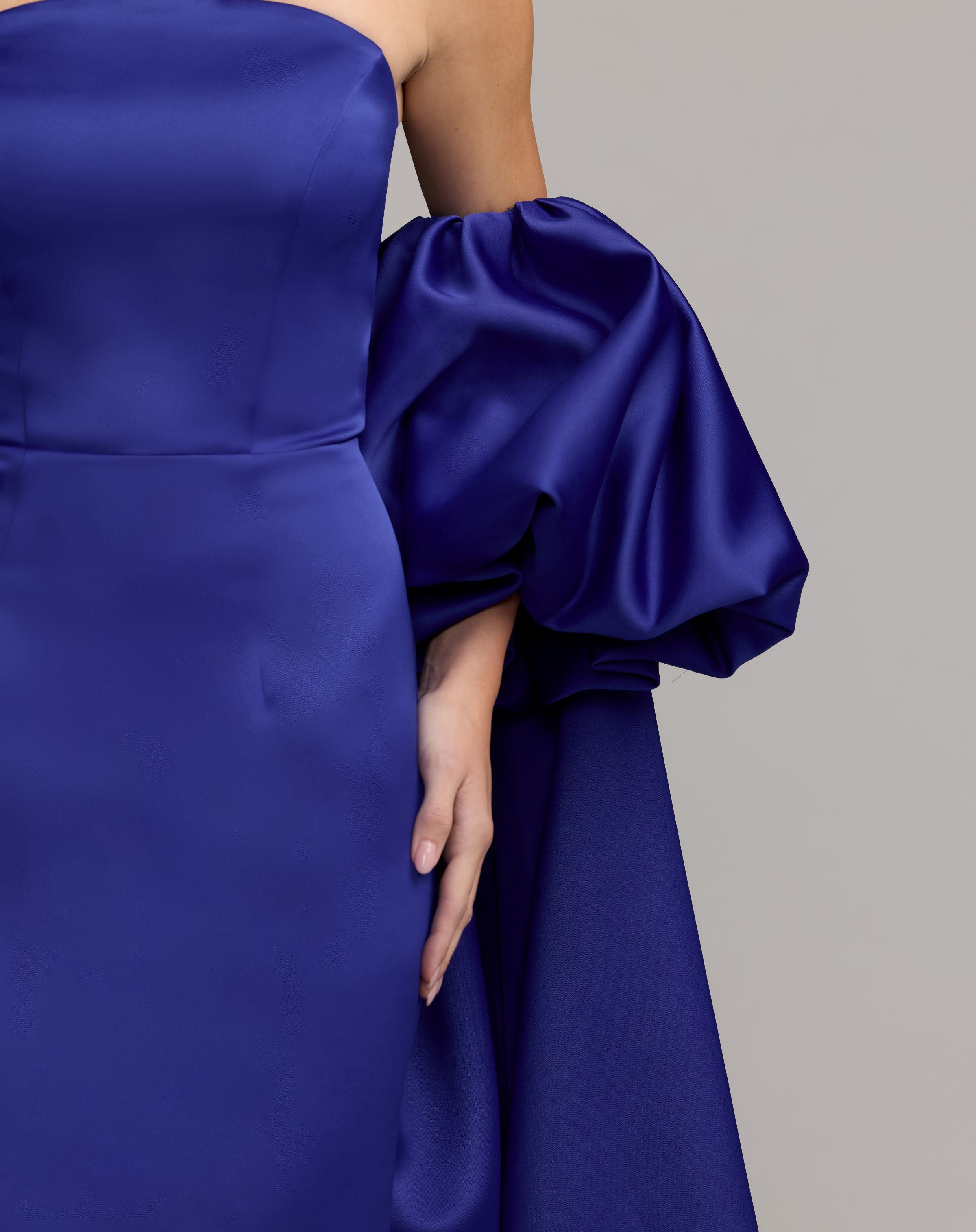 Mac Duggal 21239 Cobalt strapless puff sleeve satin gown with cape - close-up