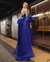 Mac Duggal 21239 Cobalt strapless puff sleeve satin gown with cape - back view