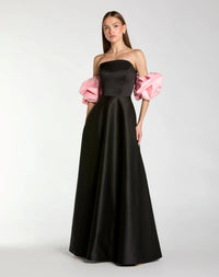 Black Satin Ball Gown With Colorblock Puff Sleeves