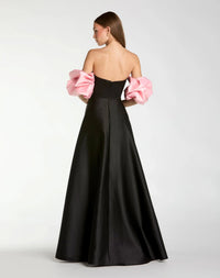 Black Satin Ball Gown With Colorblock Puff Sleeves - Back