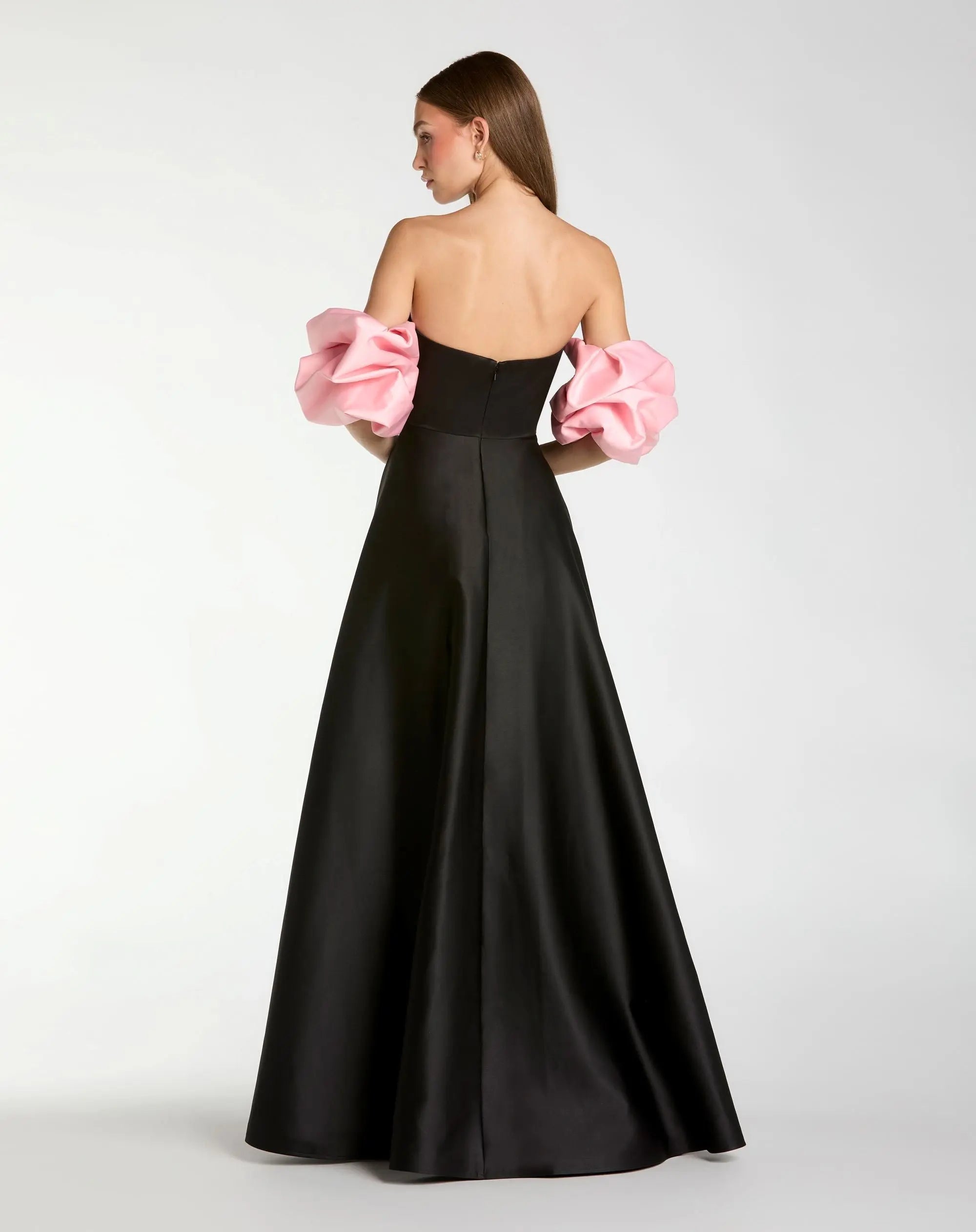Black Satin Ball Gown With Colorblock Puff Sleeves - Back