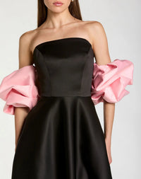 Black Satin Ball Gown With Colorblock Puff Sleeves - Close Up