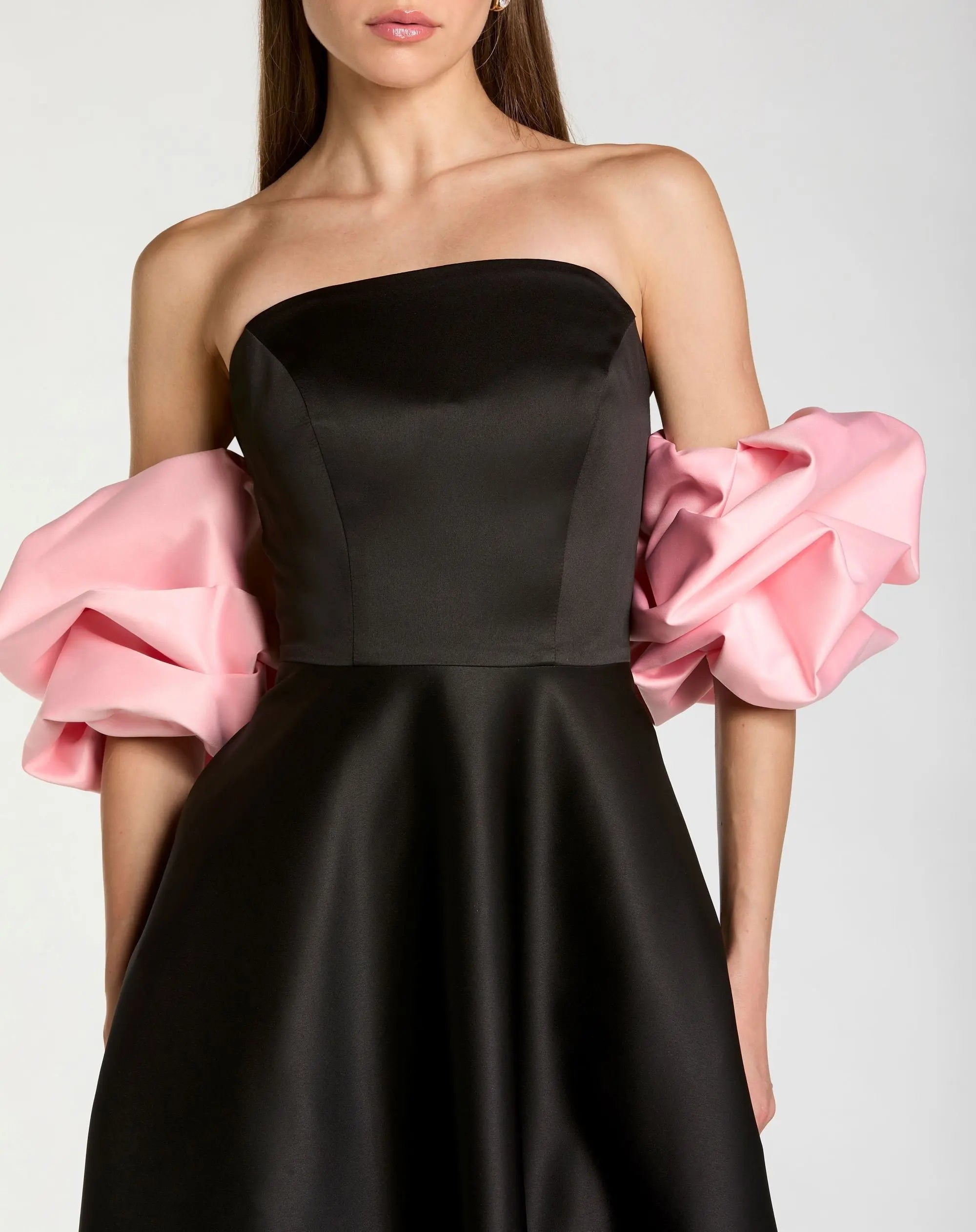 Black Satin Ball Gown With Colorblock Puff Sleeves - Close Up
