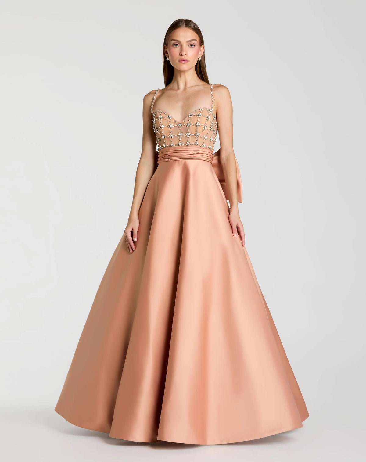 Peach Embellished Bodice Sweetheart Neck Satin Ball Gown