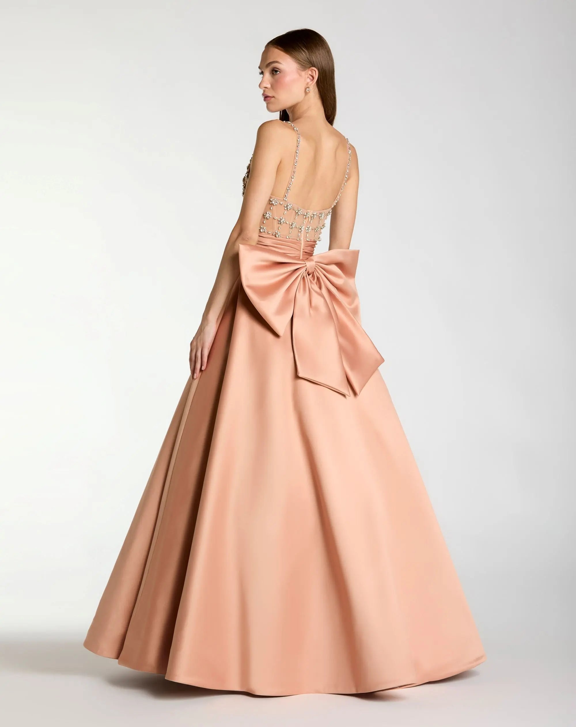 Peach Embellished Bodice Sweetheart Neck Satin Ball Gown - Back