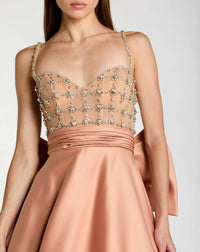 Peach Embellished Bodice Sweetheart Neck Satin Ball Gown - Close Up