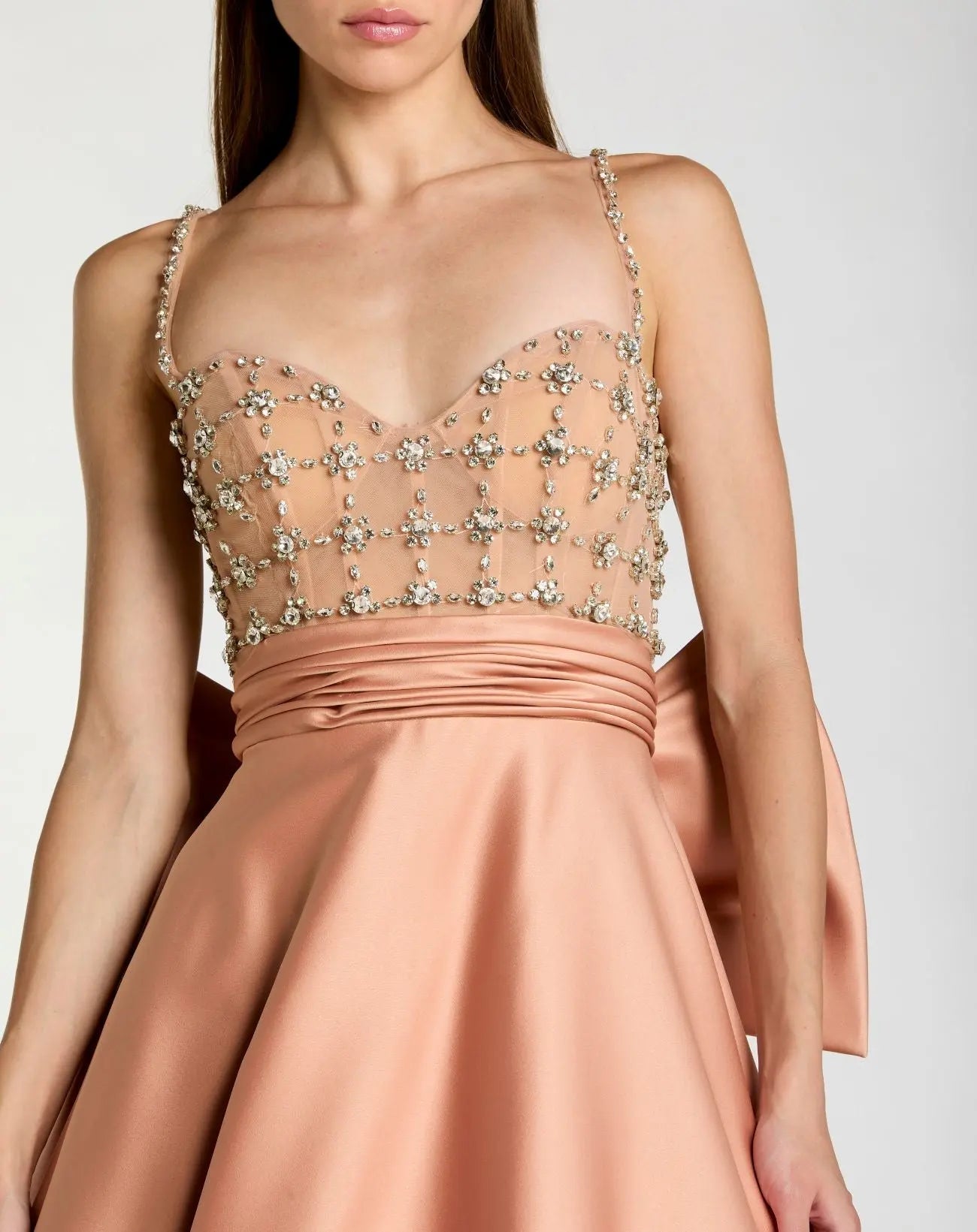 Peach Embellished Bodice Sweetheart Neck Satin Ball Gown - Close Up