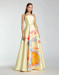 Mac Duggal Yellow Strapless Mikado Ball Gown With Floral Print  #21246 Butter Yellow
