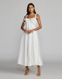 Mac Duggal 21247 Ivory satin bow bodice midi dress - front