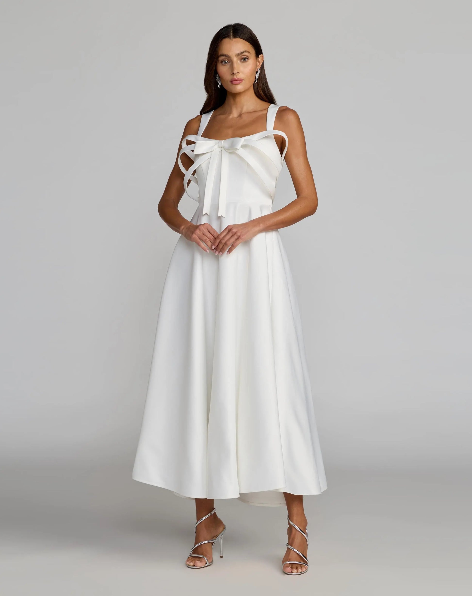 Mac Duggal 21247 Ivory satin bow bodice midi dress - front