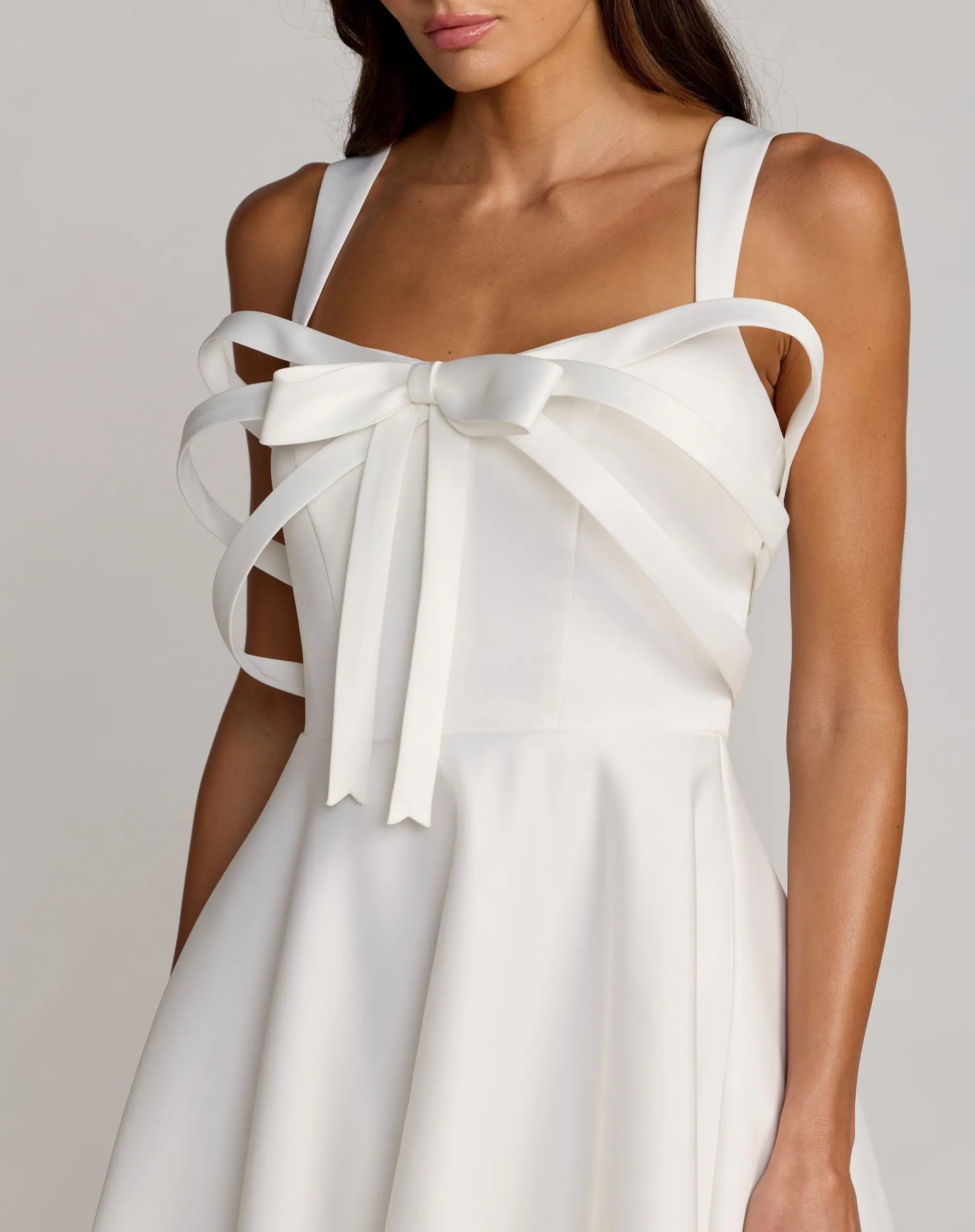 Mac Duggal 21247 Ivory satin bow bodice midi dress - detail