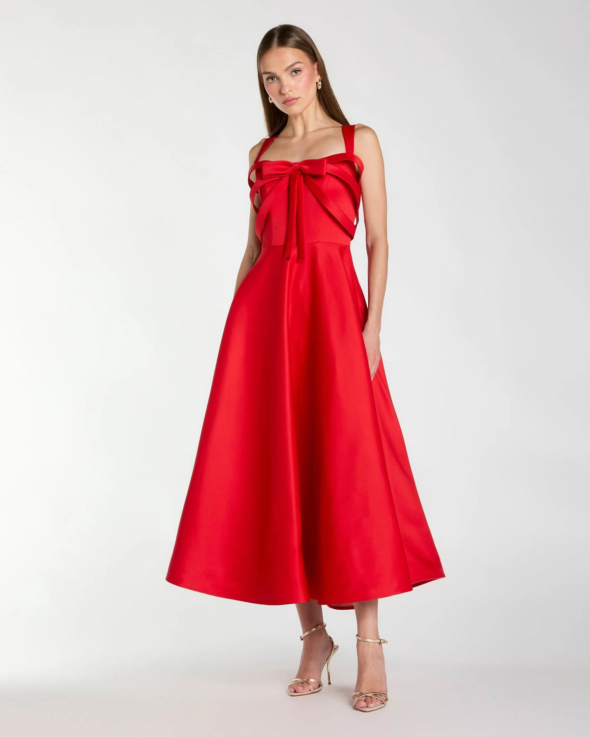 Mac Duggal 21247 Red satin bow bodice midi dress - front