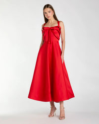 Mac Duggal 21247 Red satin bow bodice midi dress - front
