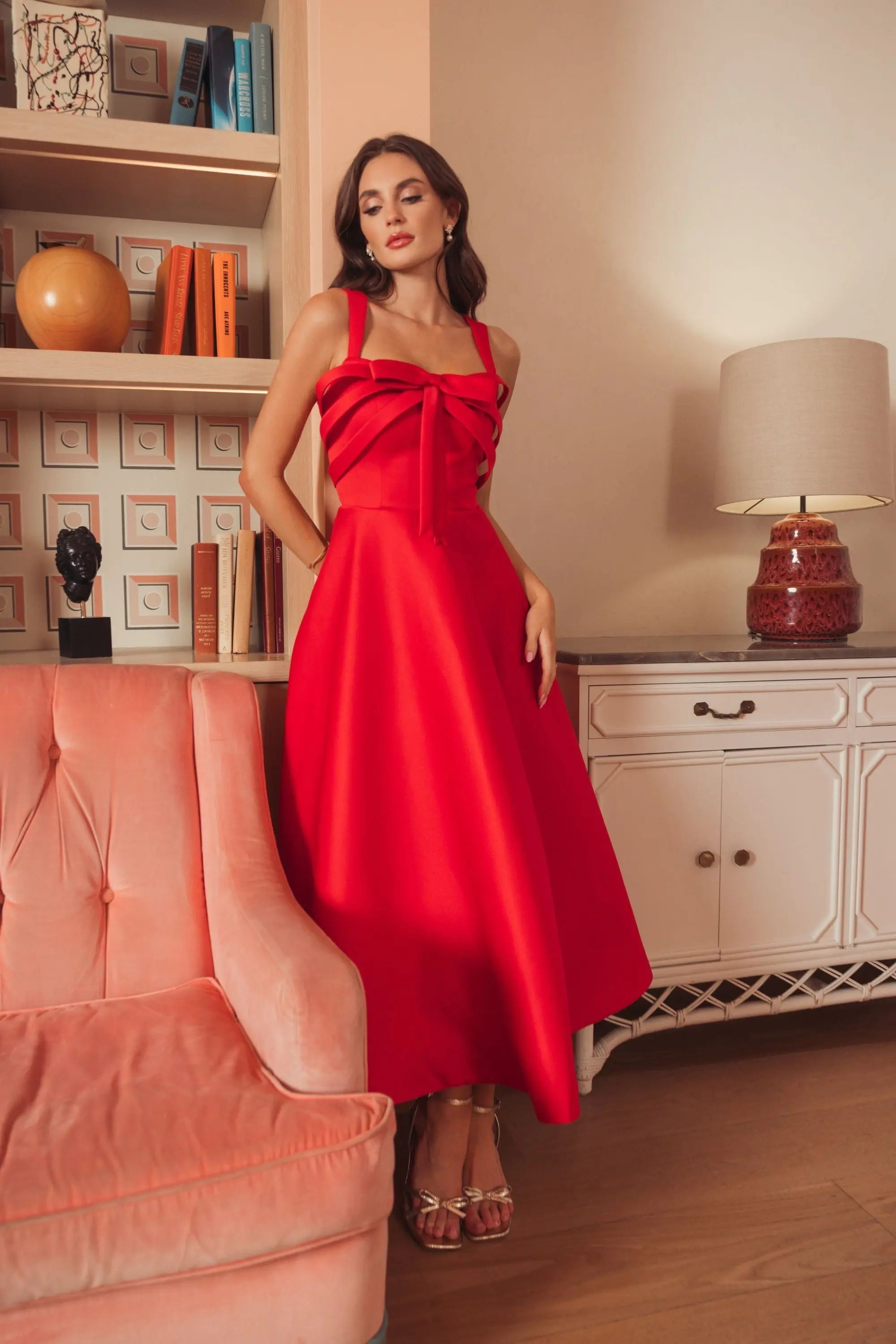 Mac Duggal 21247 Red satin bow bodice midi dress
