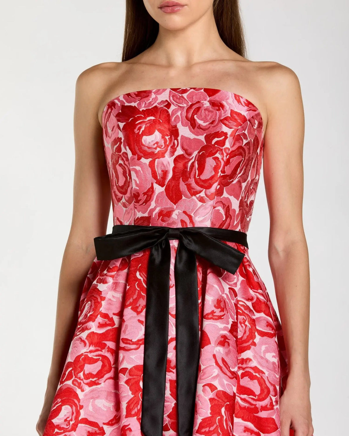 Mac Duggal 21252 Red Multi Floral High-Low Ruffle Gown with Corset Bodice