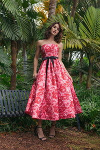 Mac Duggal 21252 Red Multi Floral High-Low Ruffle Gown with Corset Bodice