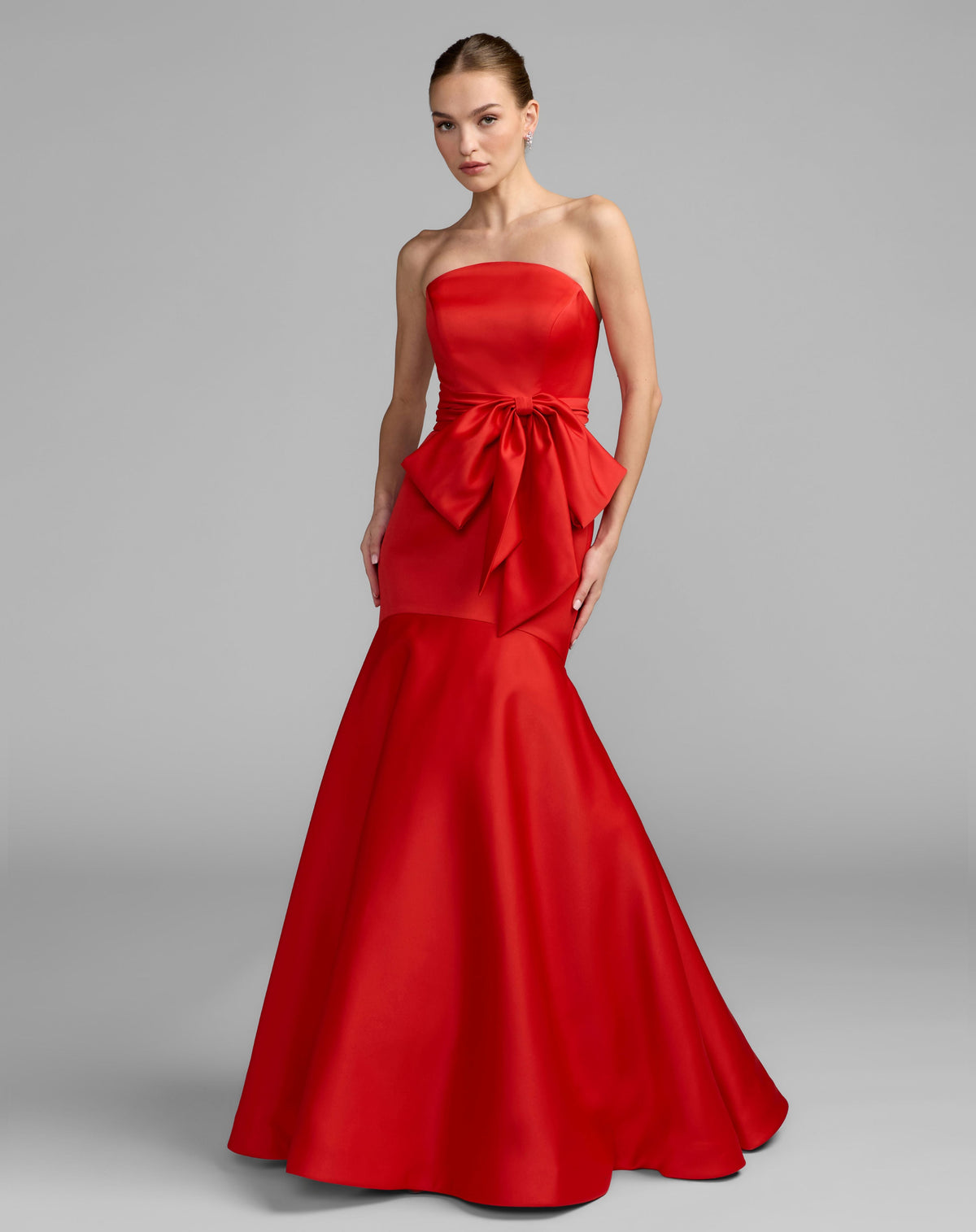 Mac Duggal #21253 red strapless satin mermaid gown with oversize bow