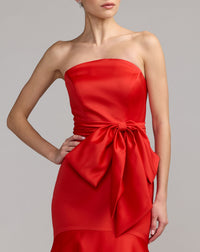 Mac Duggal #21253 red strapless satin mermaid gown close-up