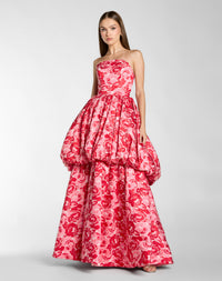 Mac Duggal 21254 pink multi brocade strapless bubble hem ballgown - front view