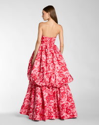 Mac Duggal 21254 pink multi brocade strapless bubble hem ballgown - back view