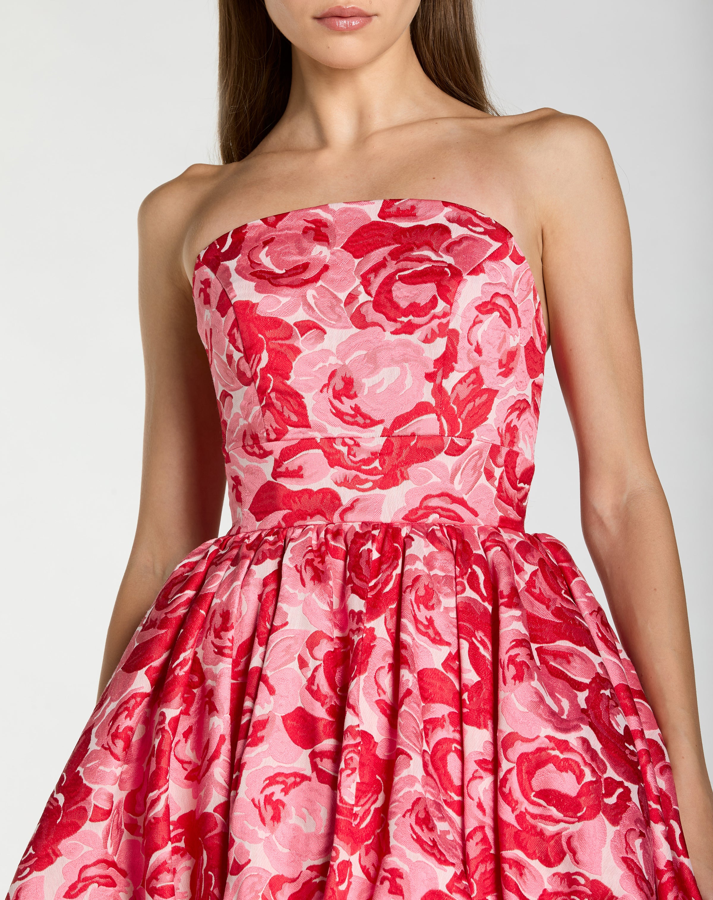 Mac Duggal 21254 pink multi brocade strapless bubble hem ballgown - detail