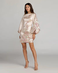 Mac Duggal #21256 Brocade High Neck Bishop Sleeve Mini Dress Champagne Multi