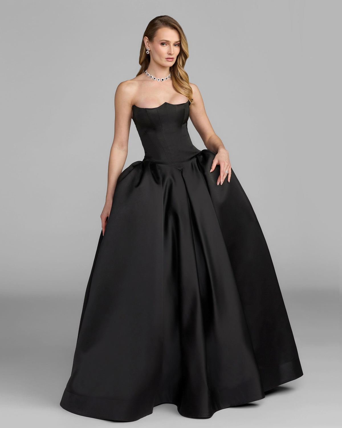 Mac Duggal #21259 black strapless satin corset ball gown