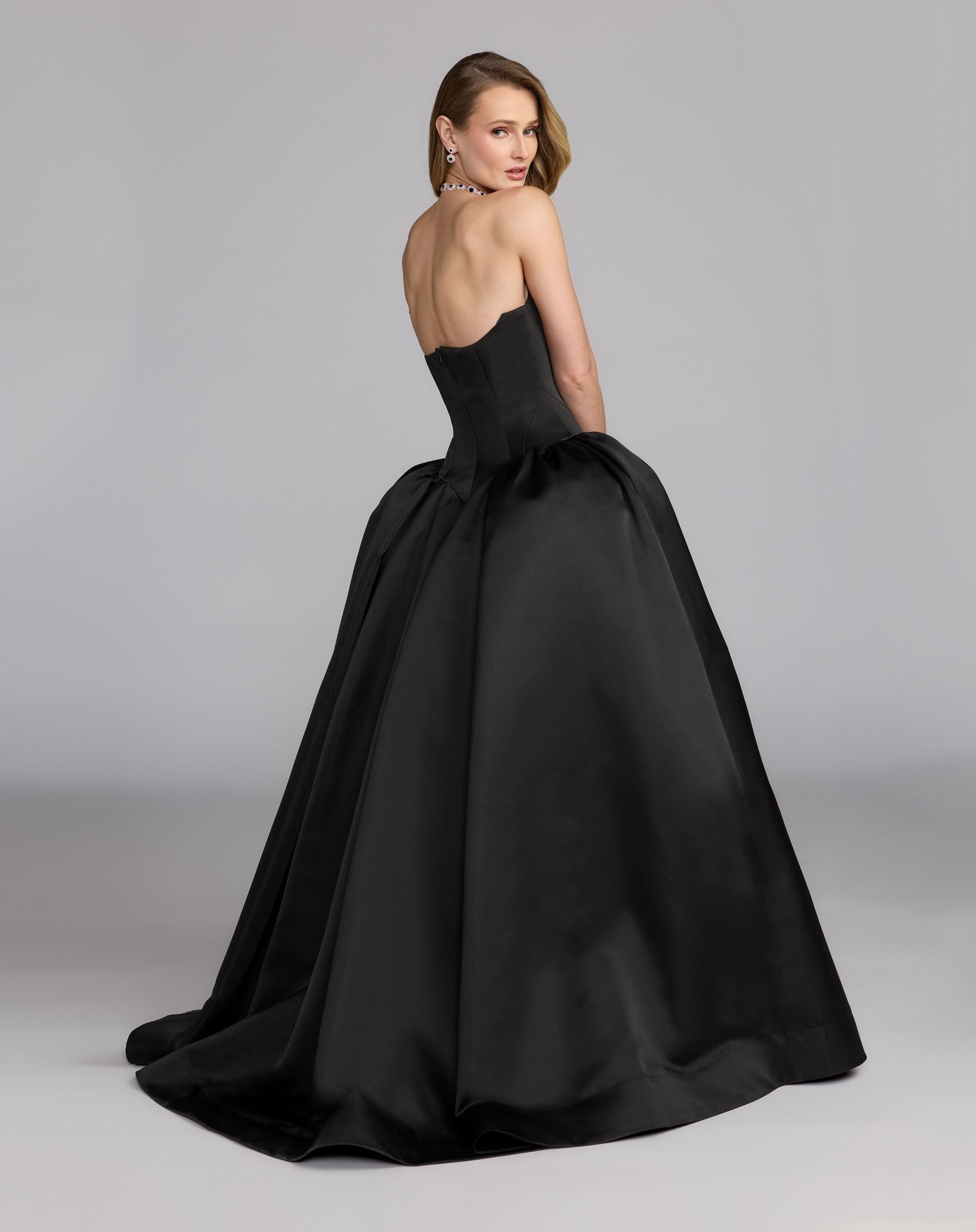 Mac Duggal #21259 black satin corset ball gown back view