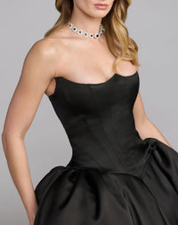 Mac Duggal #21259 black satin ball gown corset bodice detail