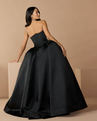 Mac Duggal #21259 black satin ball gown lifestyle back view