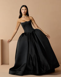 Mac Duggal #21259 black satin ball gown lifestyle shot