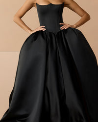 Mac Duggal #21259 black satin ball gown skirt close-up