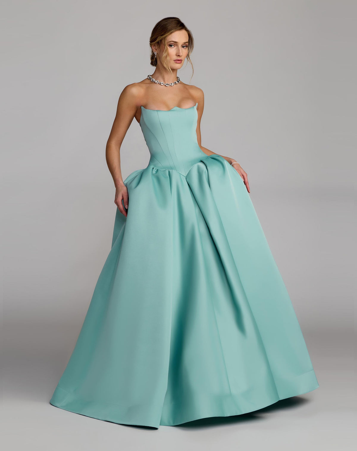 Mac Duggal #21259 seafoam strapless satin corset ball gown