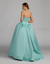 Mac Duggal #21259 seafoam satin ball gown back view