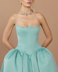 Mac Duggal #21259 seafoam ball gown lifestyle side view