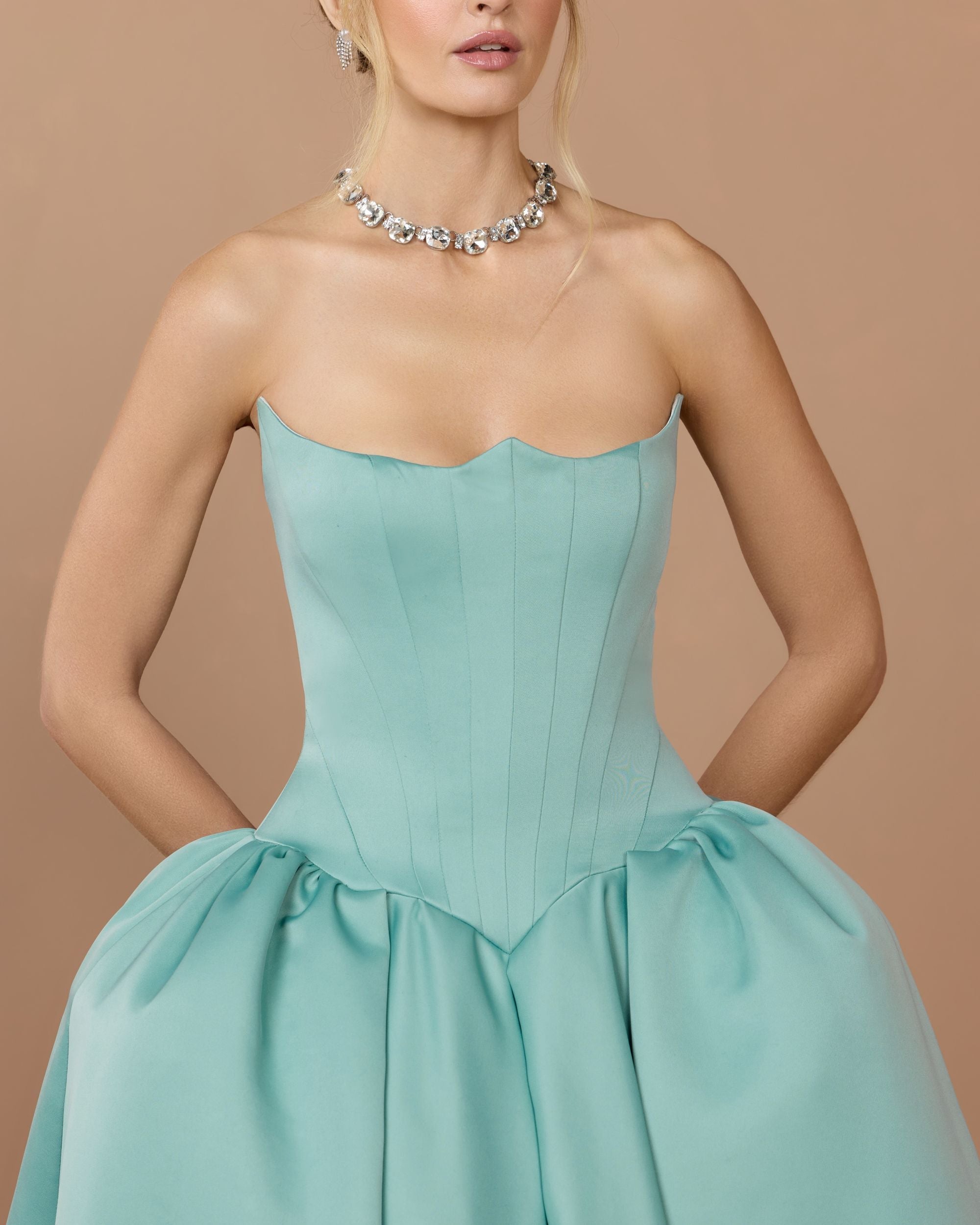 Mac Duggal #21259 seafoam ball gown lifestyle side view