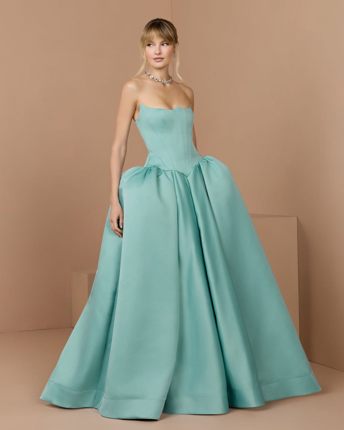Mac Duggal #21259 seafoam satin ball gown lifestyle