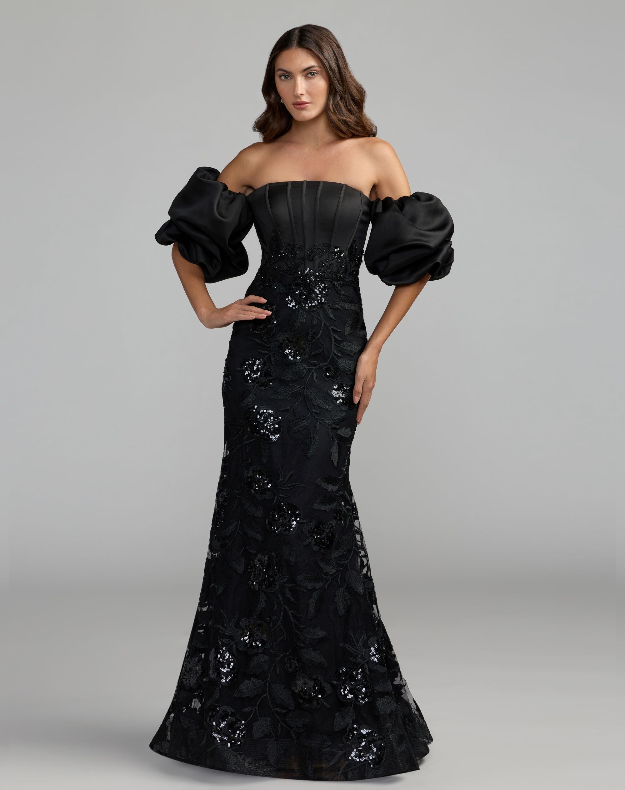 Mac Duggal #21260 black satin off the shoulder embroidered mermaid gown - front