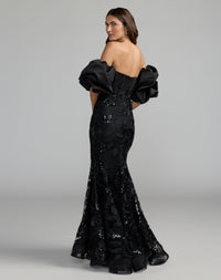 Mac Duggal #21260 black satin off the shoulder embroidered mermaid gown - back view