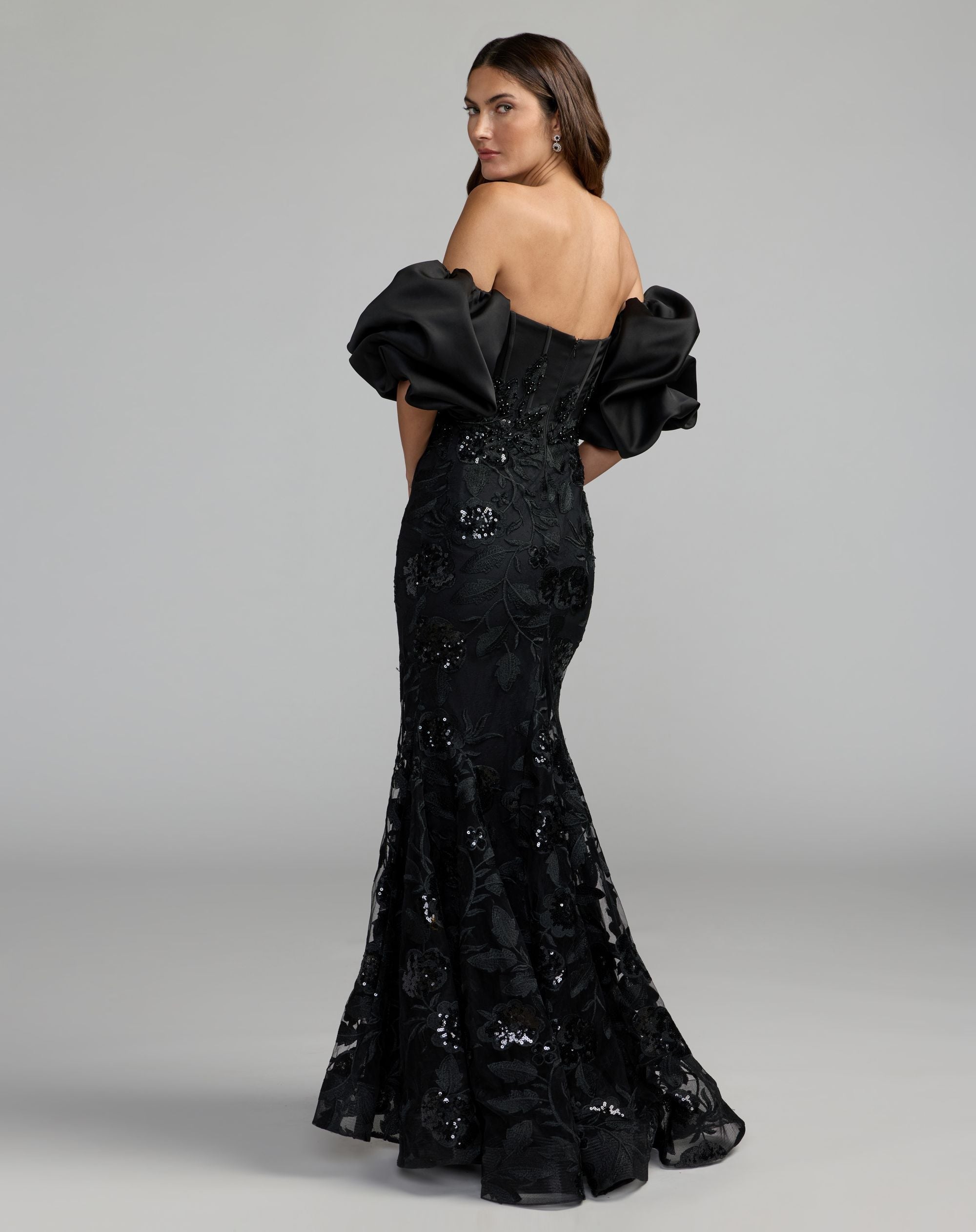 Mac Duggal #21260 black satin off the shoulder embroidered mermaid gown - back view