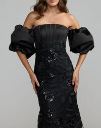Mac Duggal #21260 black satin off the shoulder embroidered mermaid gown - close up detail