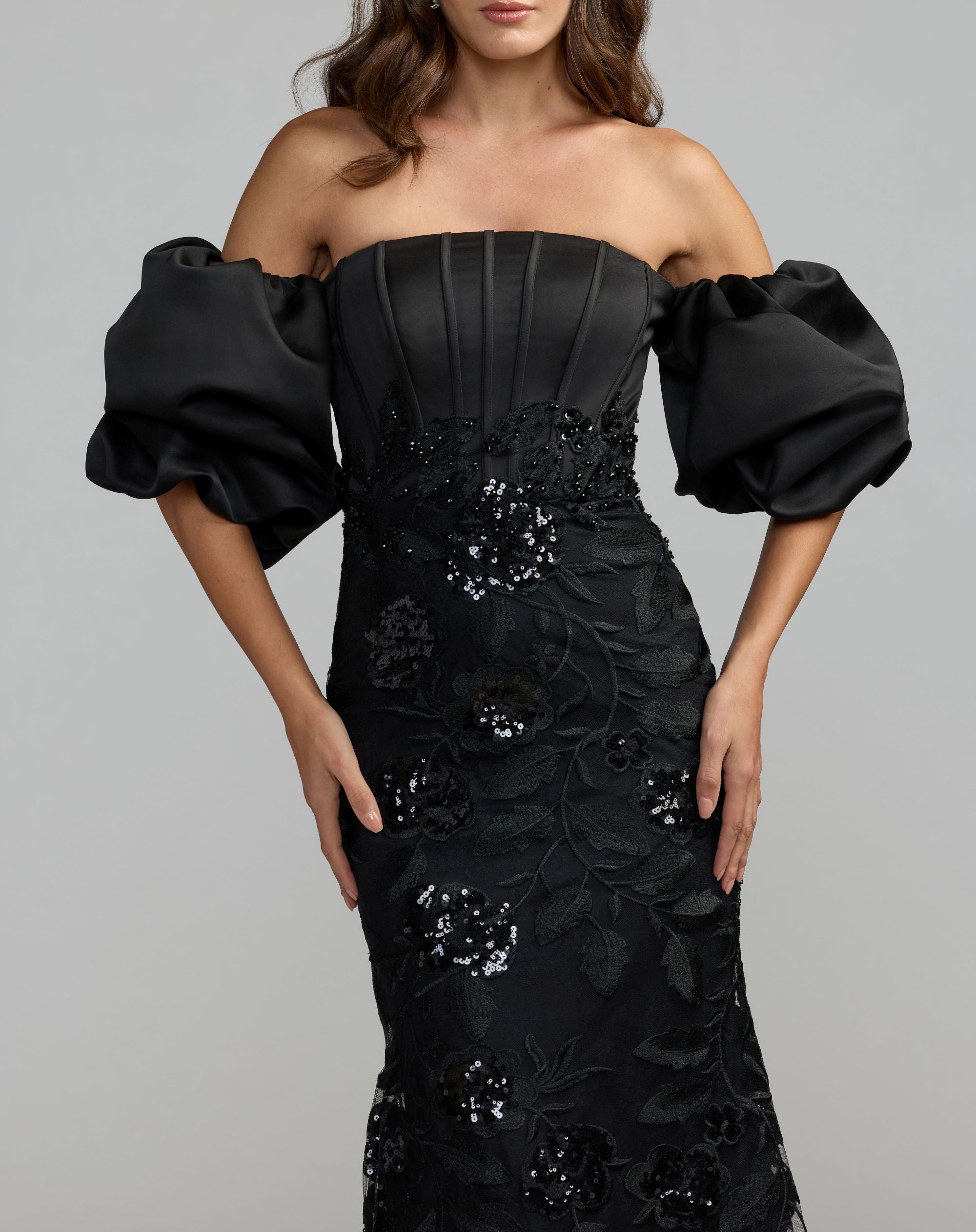 Mac Duggal #21260 black satin off the shoulder embroidered mermaid gown - close up detail