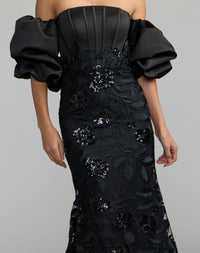 Mac Duggal #21260 black satin off the shoulder embroidered mermaid gown - embroidery detail